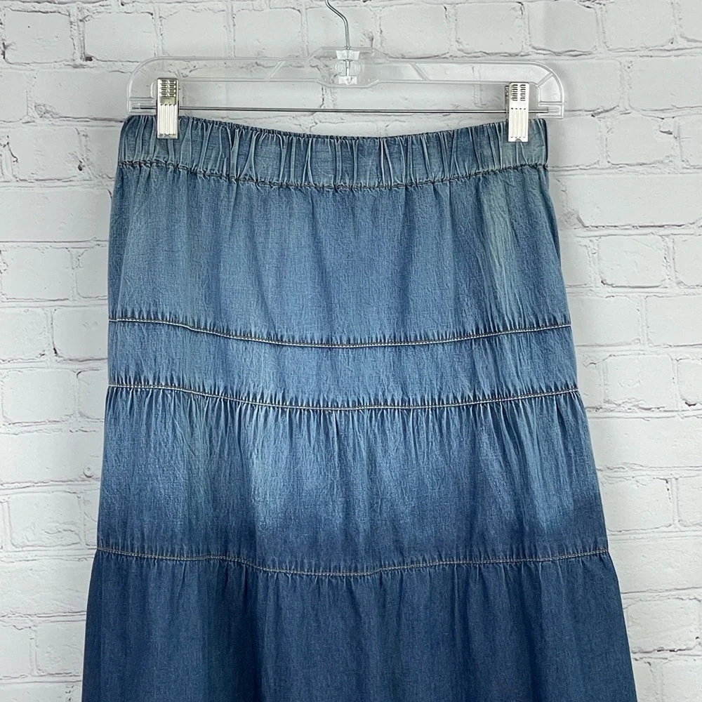 Studio Wear Apparel Tiered Ombré Long Denim Skirt w/Lace Hem Size Small Pull On - Picture 3 of 9